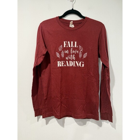 "Fall In Love Reading" Top Womens Small Heathered Burgundy Graphic Librarian - Picture 1 of 6